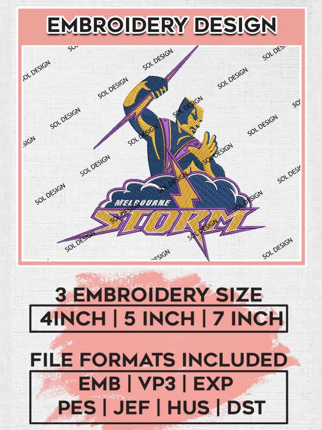 NRL Melbourne Storm Embroidery Design, National Rugby League Embroidery Design, Melbourne Storm Logo Embroidery Design,NRL Machine Embroidery Digitized Pes File,3 Sizes, Instant Download
