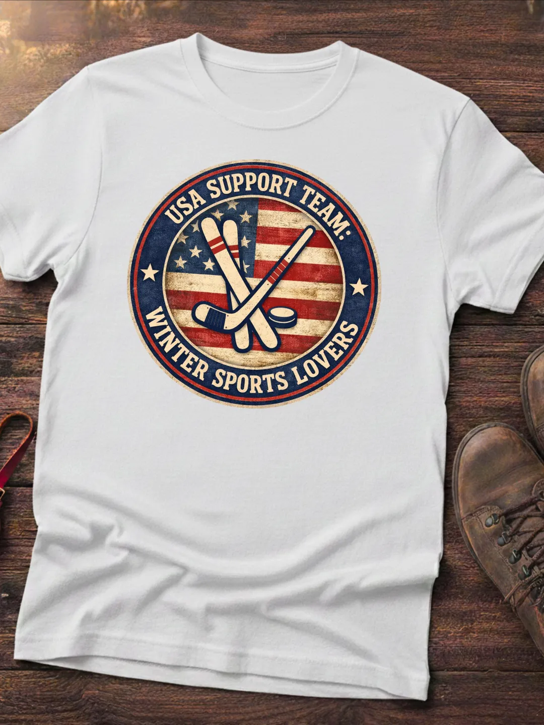 Vintage Hockey Enthusiast T-Shirt - Retro USA Flag Winter Sports Graphic Tee - Distressed Hockey Sticks & Puck Shirt - Patriotic Gift