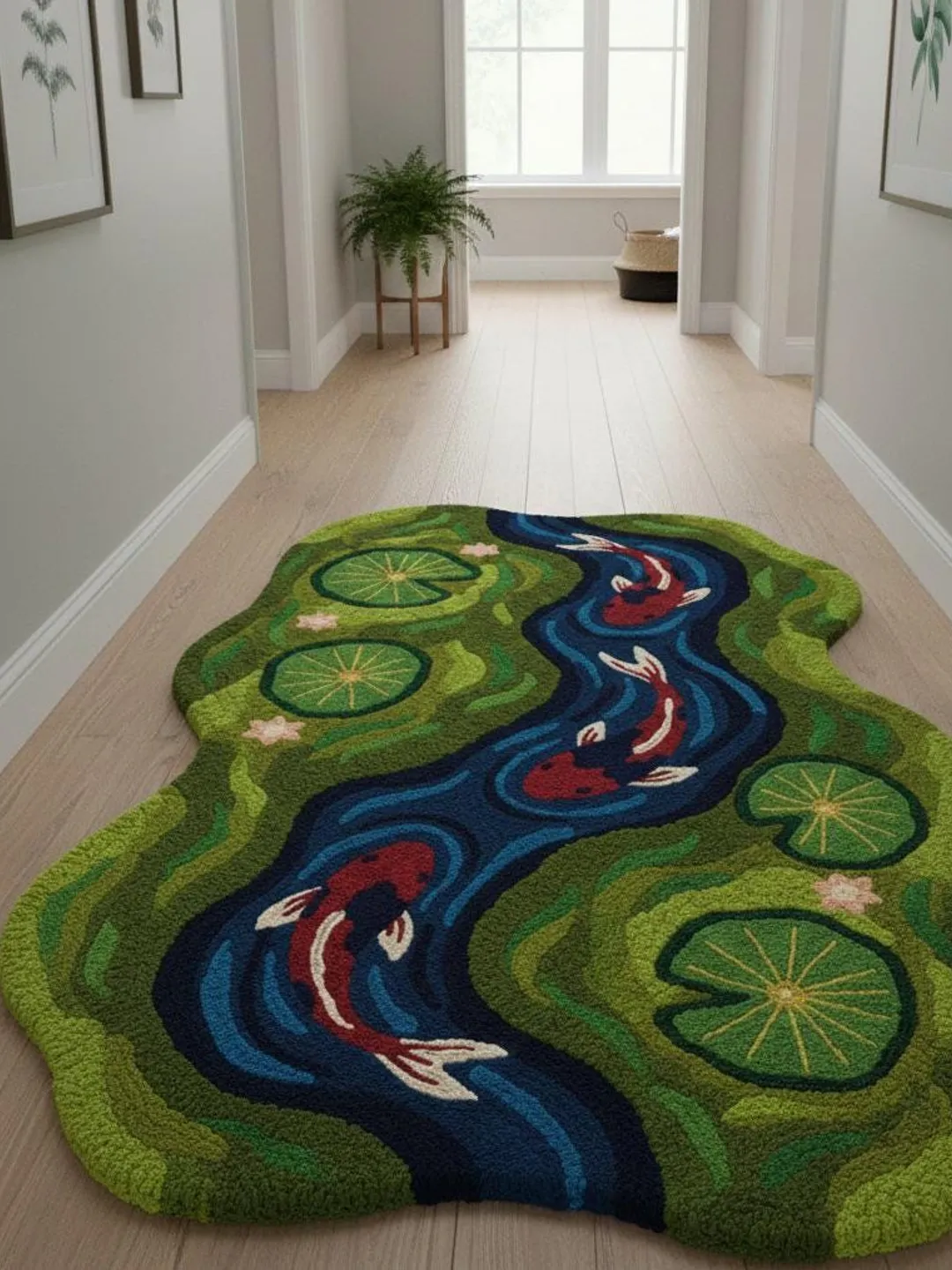 Pond Colors Rug Koi Fish Pond Shaped Area Rug Nature Inspired Japanese Style Carpet for ...