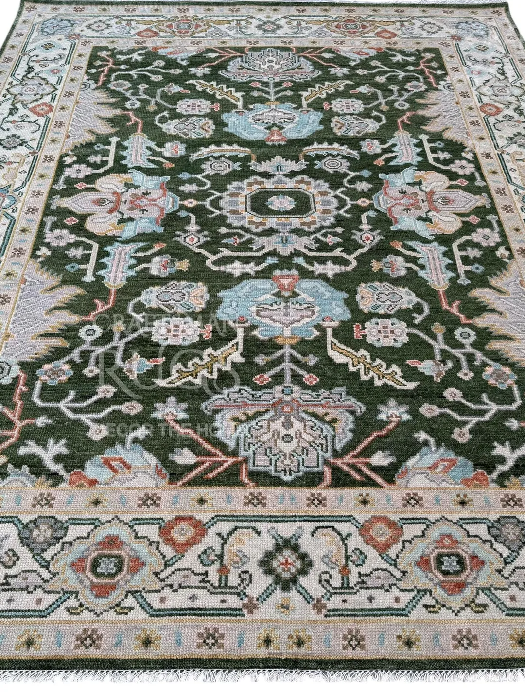 8x10 ft Green Turkish inspired Oushak Hand Knotted rug, Handmade Rugs for Living Room - Antique style Contemporary rug