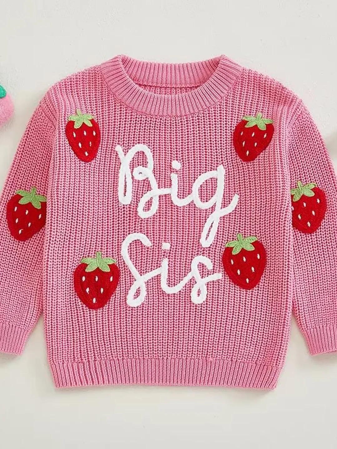 Toddler Girl Strawberry Sweater – Embroidered Letter Crew Neck Pullover, 1–4 Years, Long Sleeve Vintage Baby Clothes, Cute Kids Knitwear