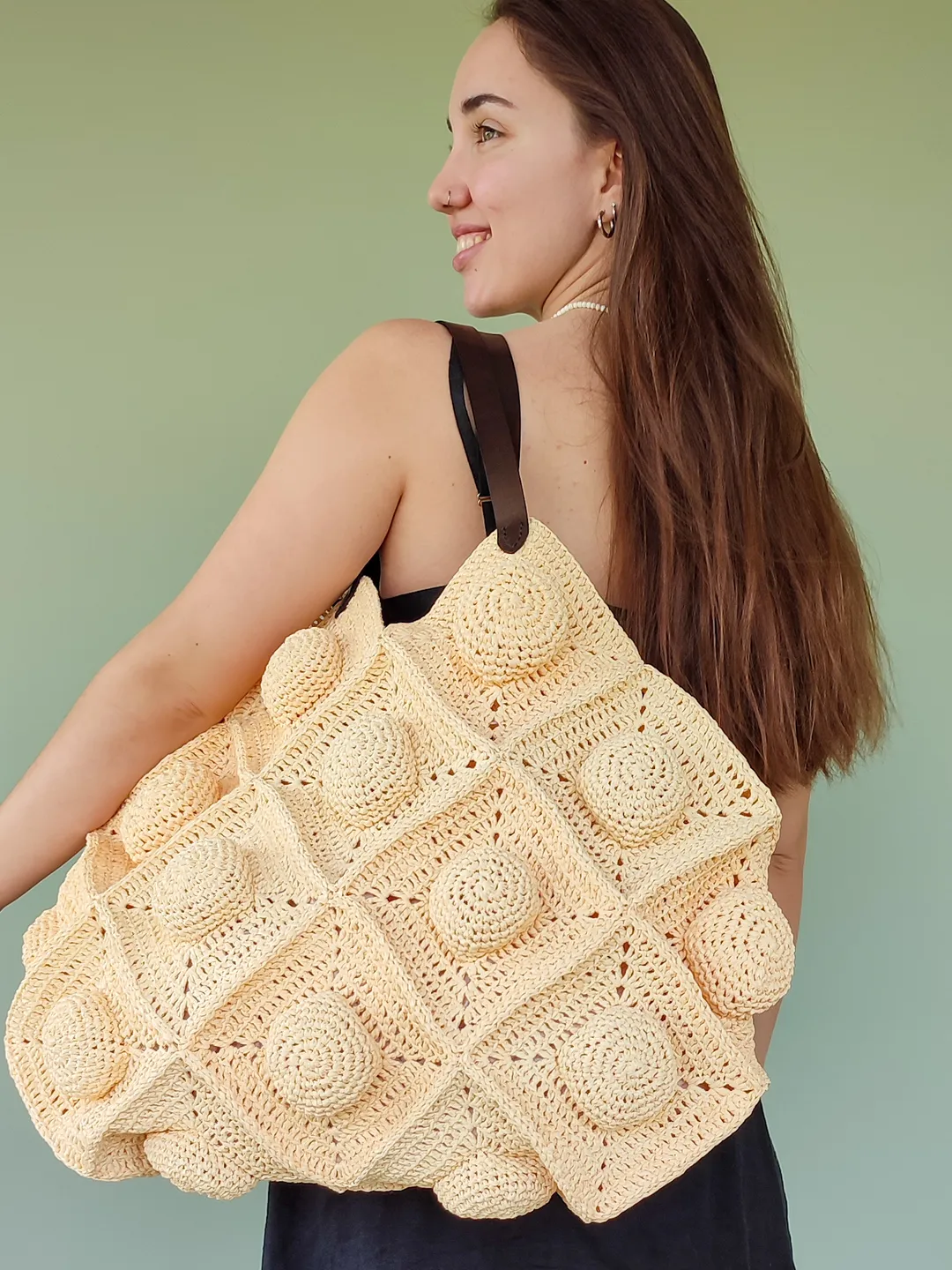 Unique handmade raffia beach bag with leather handles, summer handbag