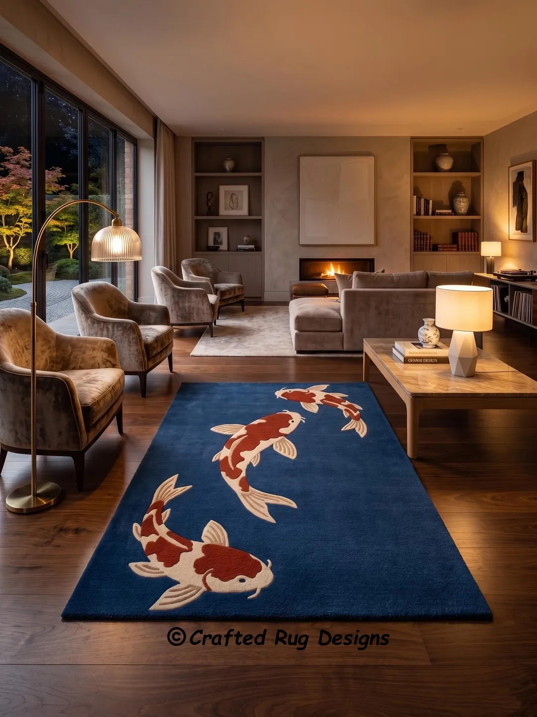 Japanese Koi Fish Rug, Navy Blue & Rust Orange Hand Tufted Wool