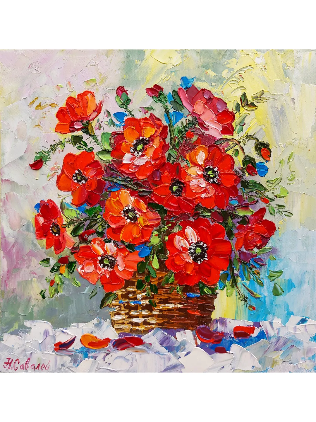 Original Oil Painting Poppies Bright Bouquet of Flowers 8" by 8" (20х20sm ) by OilPaintingNatali