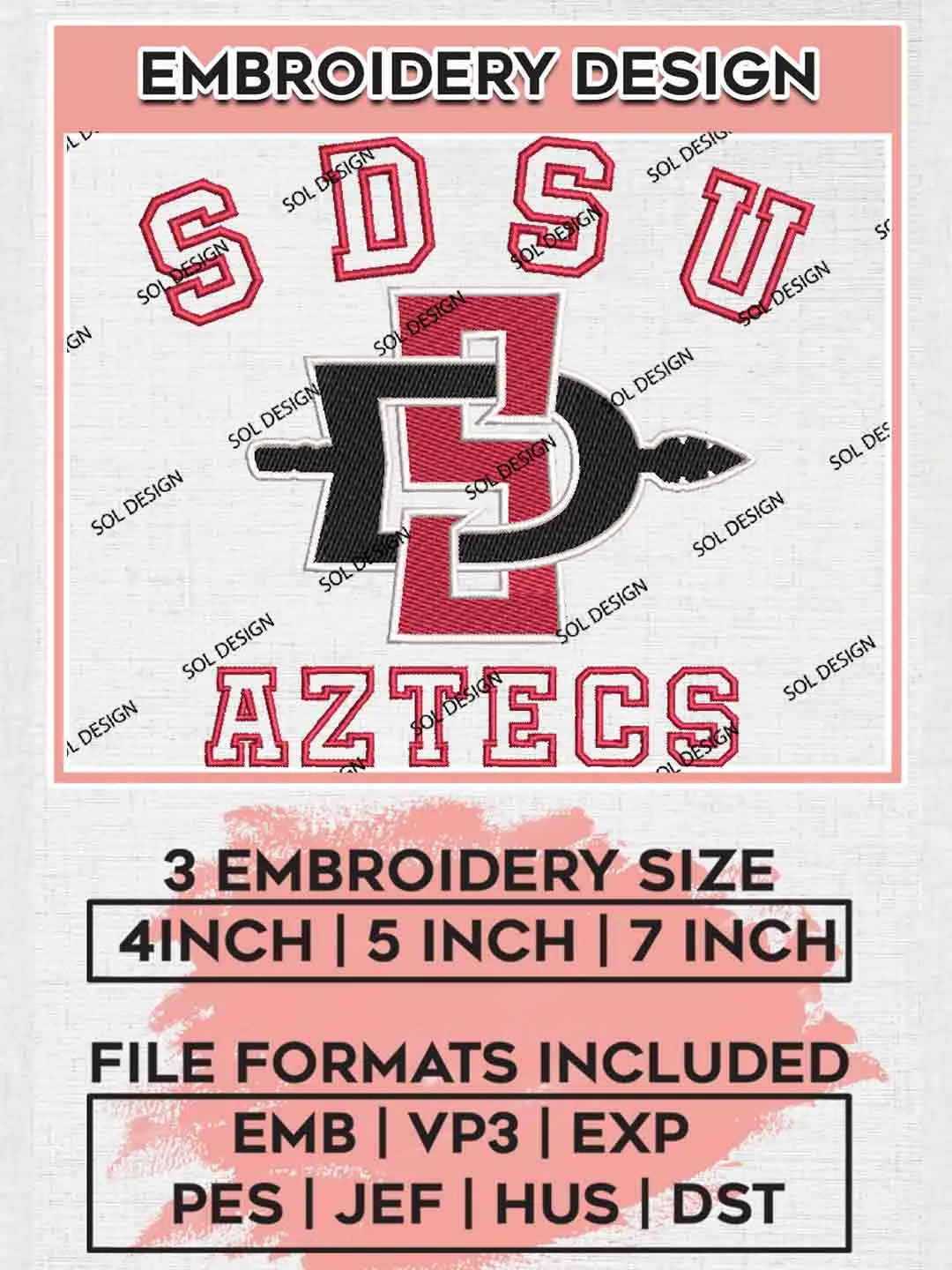 San Diego State Aztecs Logo Embroidery Designs, NCAA Logo Embroidery files, NCAA SDSU Aztecs Team, Machine embroidery designs, Instant Download