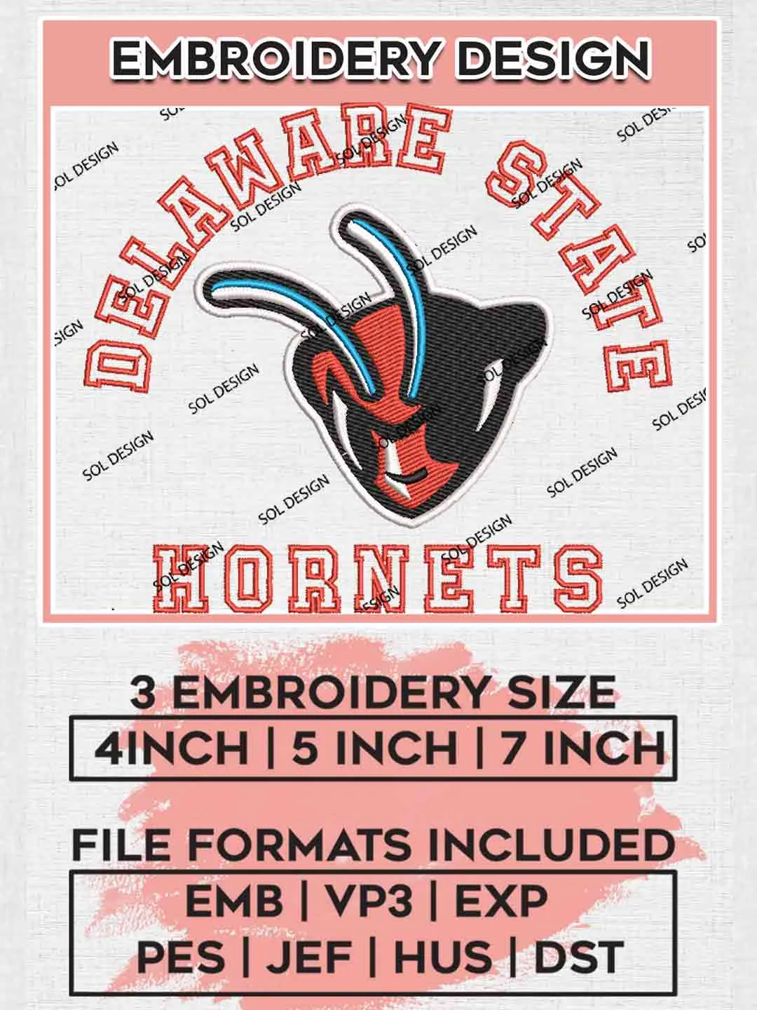 NCAA Delaware State Hornets Logo Embroidery Designs, NCAA Logo Embroidery files, NCAA Team, College Rugby Team Machine embroidery designs, Digital Download