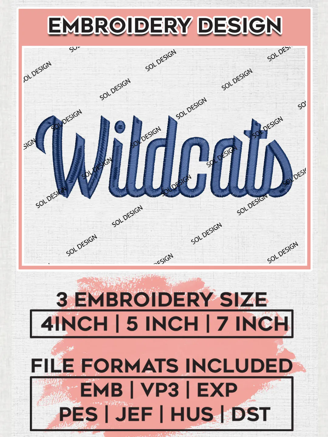 NCAA Wildcats College Team Word Logo Embroidery Design Files, NCAA Villanova Wildcats Machine Embroidery, NCAA Teams, 3 sizes, NCAA Machine embroidery designs, Digital Download
