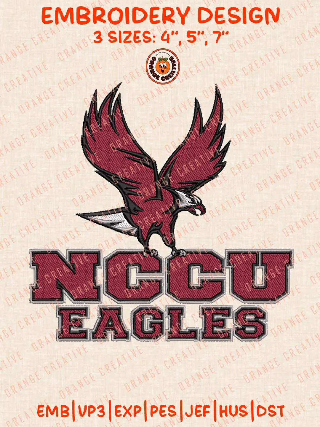 NCCU Eagles Embroidery Design Files, NCAA Logos Embroidery Designs, NCAA North Carolina Central Eagles Machine Embroidery Files, 3 Sizes, Custom Sizes, Instant Download