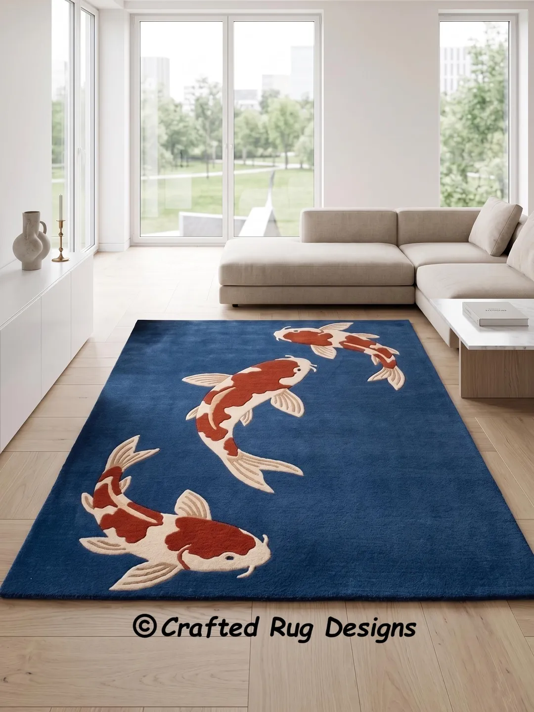 Japanese Koi Fish Rug, Navy Blue & Rust Orange Hand Tufted Wool