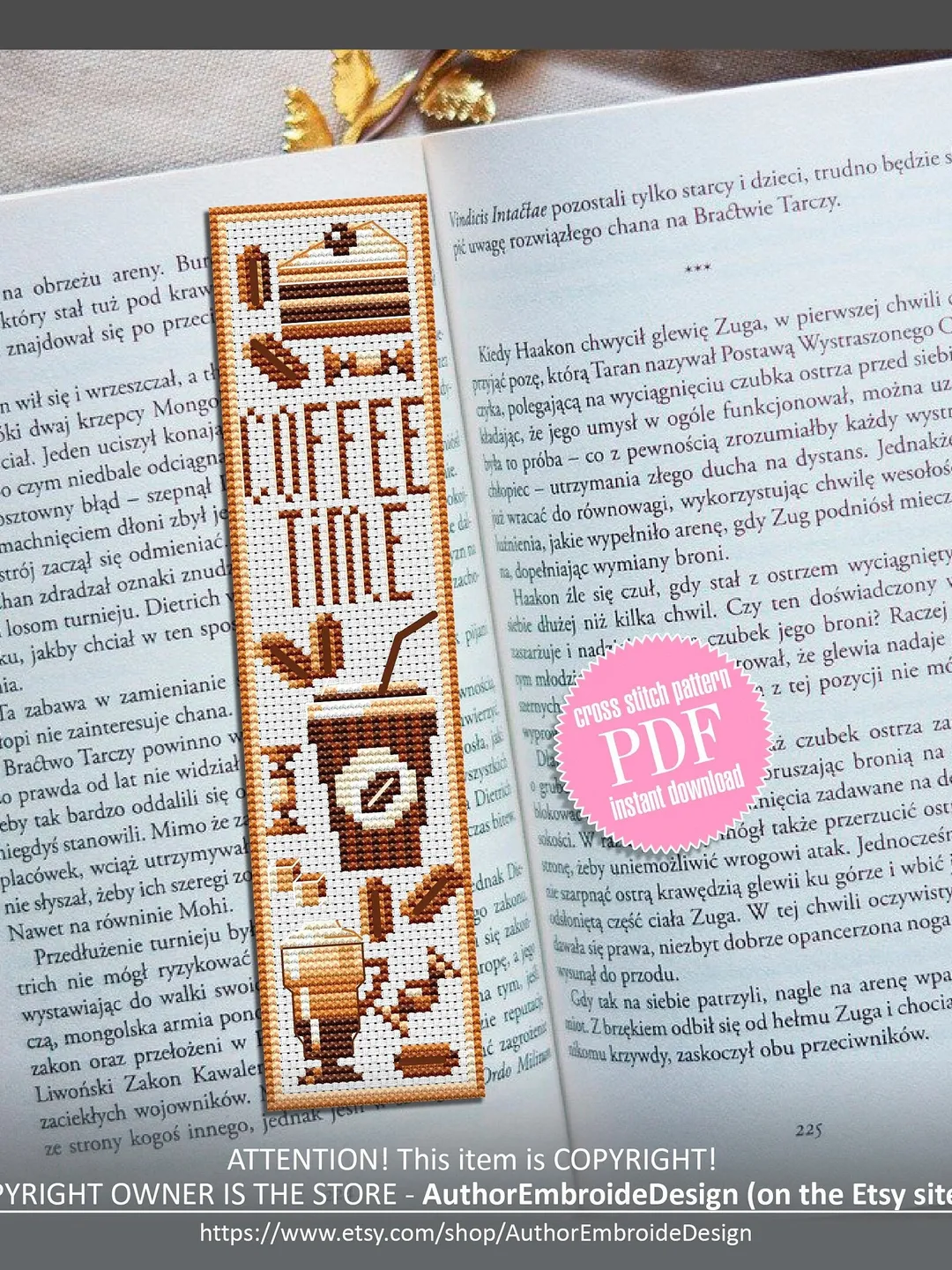 Bookmark coffee time cross stitch pattern digital PDF Handmade bookmark ...