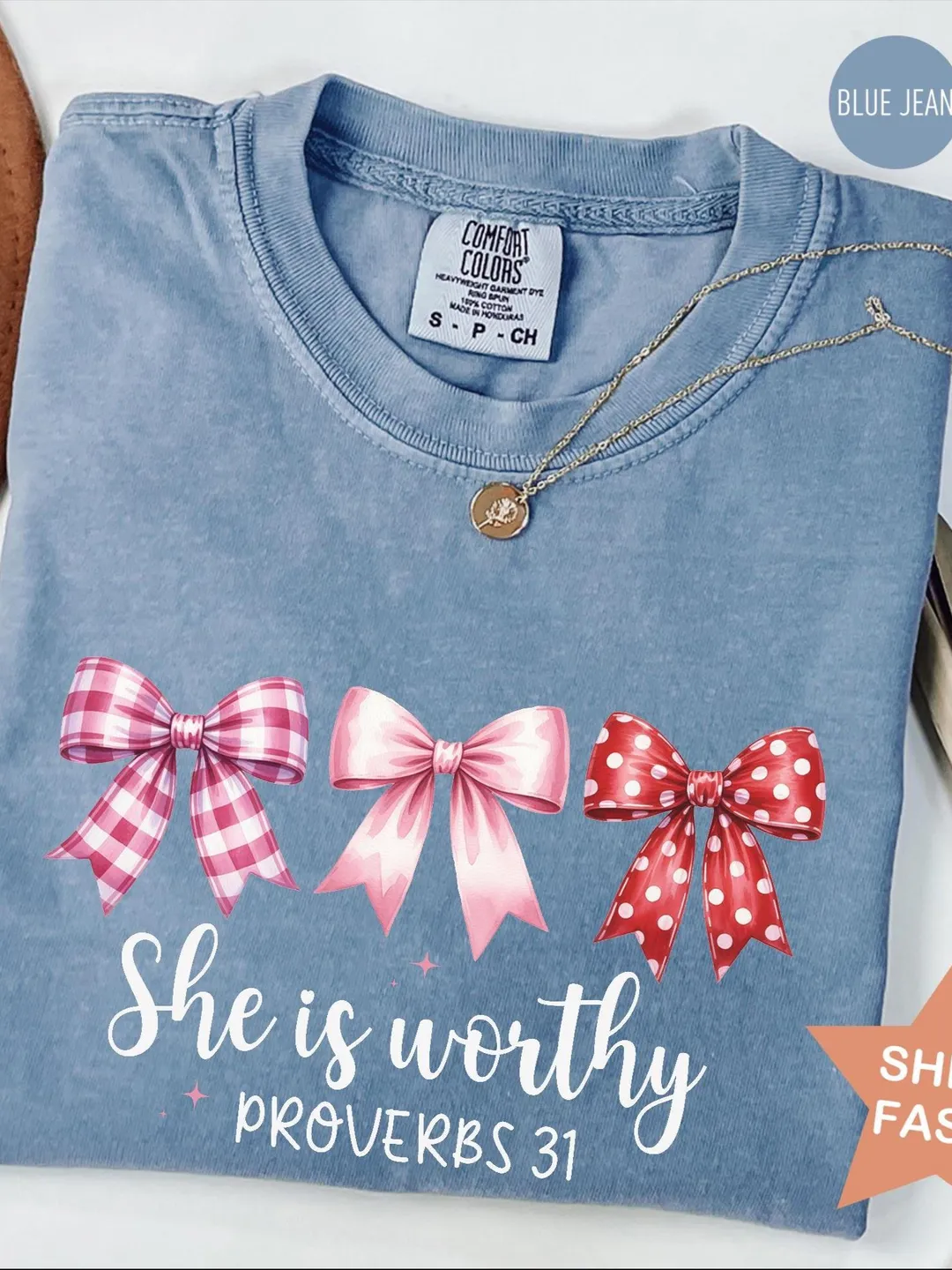 Comfort Colors She Is Worthy Christian T-Shirt: Coquette Bow Tee
