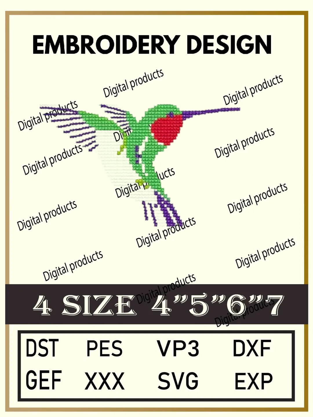 Hummingbird Embroidery Design Digital Pattern with Red Head, Green Body, and Purple Wings for Machine Embroidery Projects in Four Sizes with Multiple Compatible Formats Including DST, PES, VP3, DXF, GEF, XXX, SVG, EXP Download