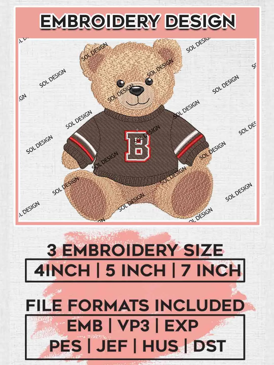 Brown Bear Teddy Bear Embroidery Design, Football Embroidery files, Sport Machine embroidery files, 3 sizes, Instant Download