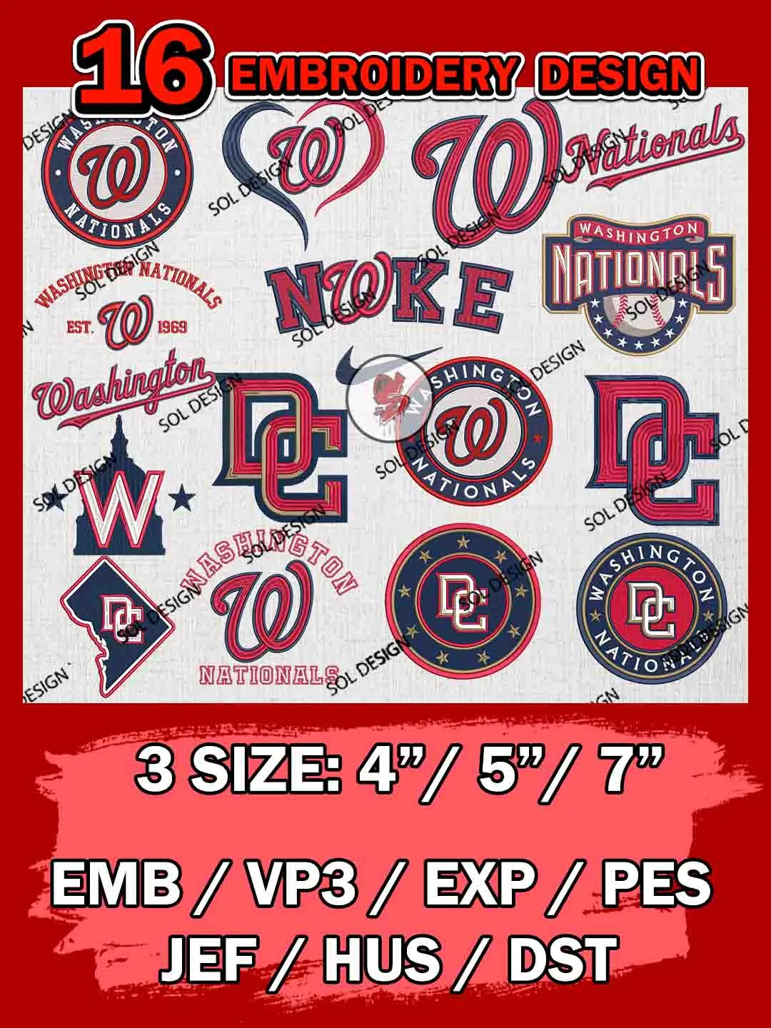 15 Washington Nationals Bundle Embroidery Files, MLB Washington Nationals Team Bundle Embroidery Designs, MLB Teams, League Baseball Team, 3 sizes, MLB Nationals Machine Embroidery, Digital Download
