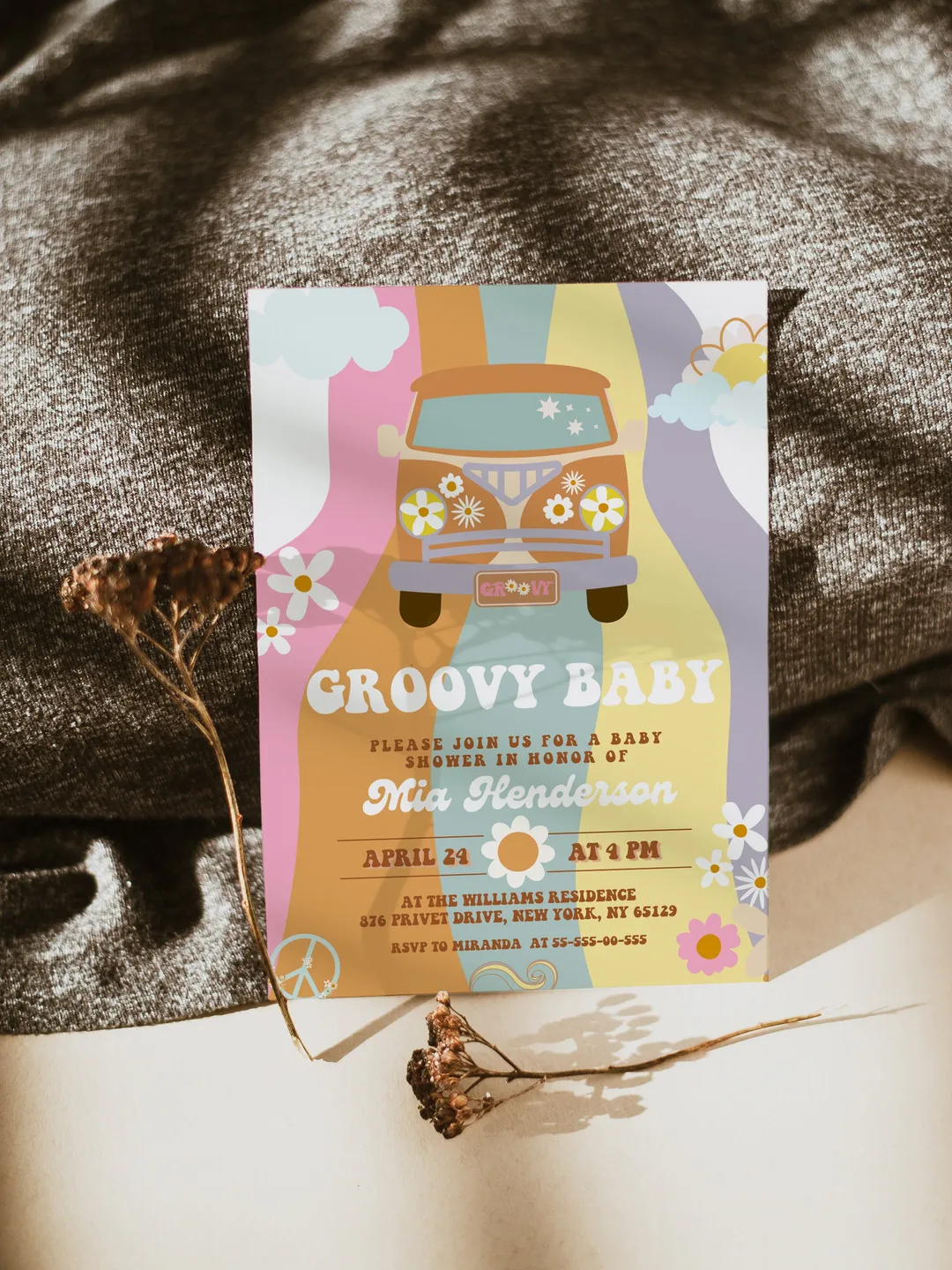 Groovy Baby Shower Invitation; Neutral Boho Groovy Baby Shower Template; Retro 70 80 Baby Shower Invite; Daisy Hippie Bohemian Cutie Retro