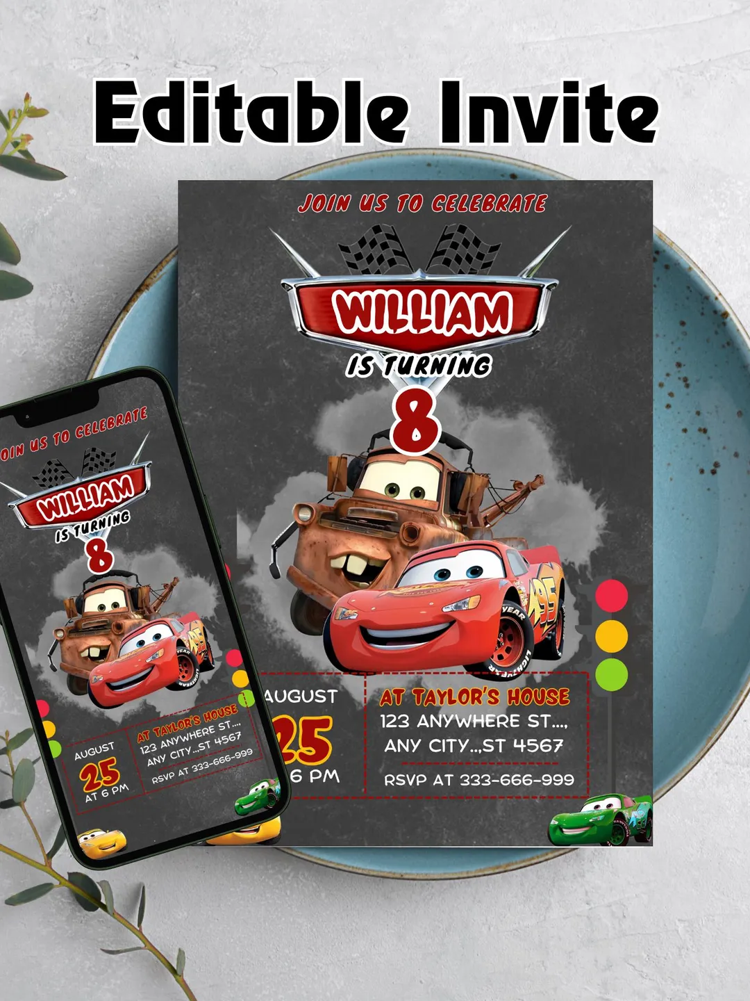 Lightning McQueen Birthday Invitation: Editable Cars Racing Invitation ...