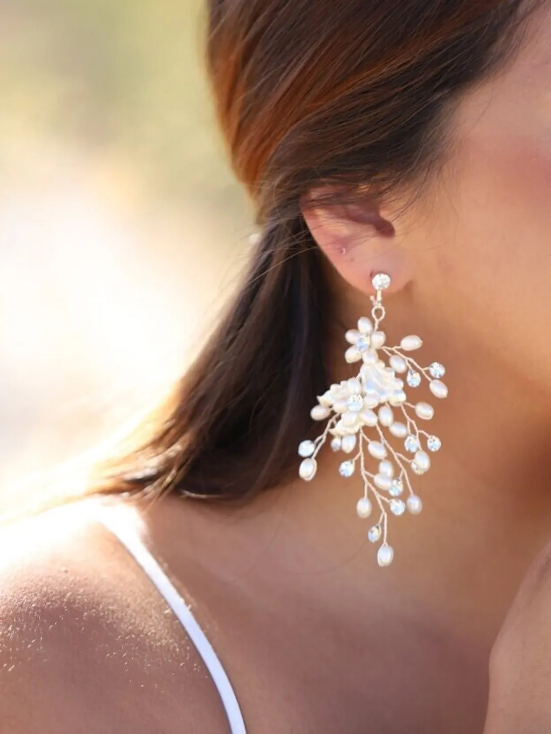 Boho Wedding Earrings For Brides, Pearl Boho Bridal Earrings, Silver Statement Wedding Jewelry, Leaf Chandelier Earrings, Bridal Jewelry