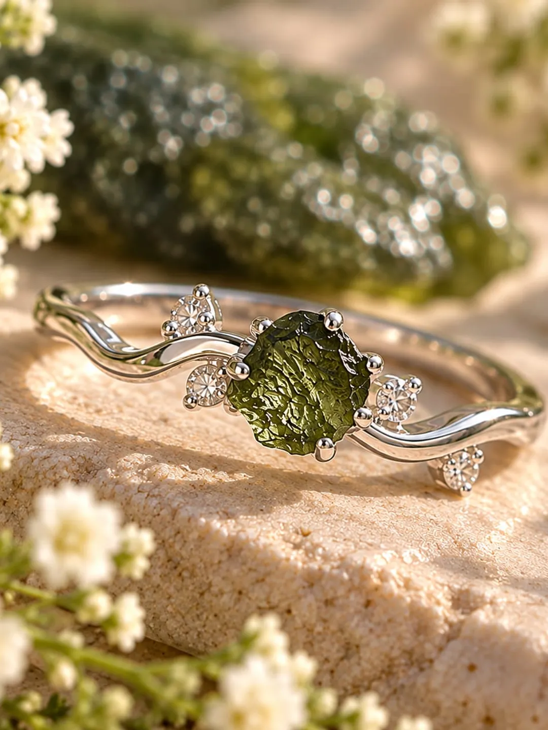 Natural Moldavite Ring Sterling Silver, Raw Green Meteorite Engagement Ring, Curved Vine Cluster Ring, Unique Art Deco Bridal Jewelry, Gift for Her