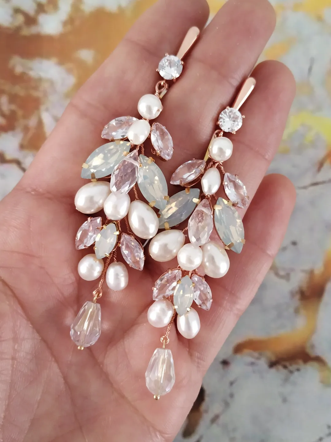 Opal Rose Gold Wedding Earrings, Chandelier Statement Earrings, Cubic Zirconia Wedding Jewelry, Boho Wedding Earrings, Boho Bridal Earrings