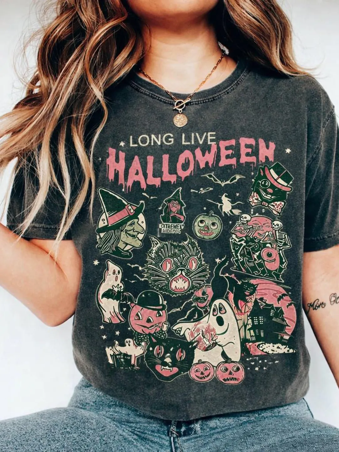 Vintage Halloween Cartoon Collage T-Shirt, Retro Spooky Vibes Tee