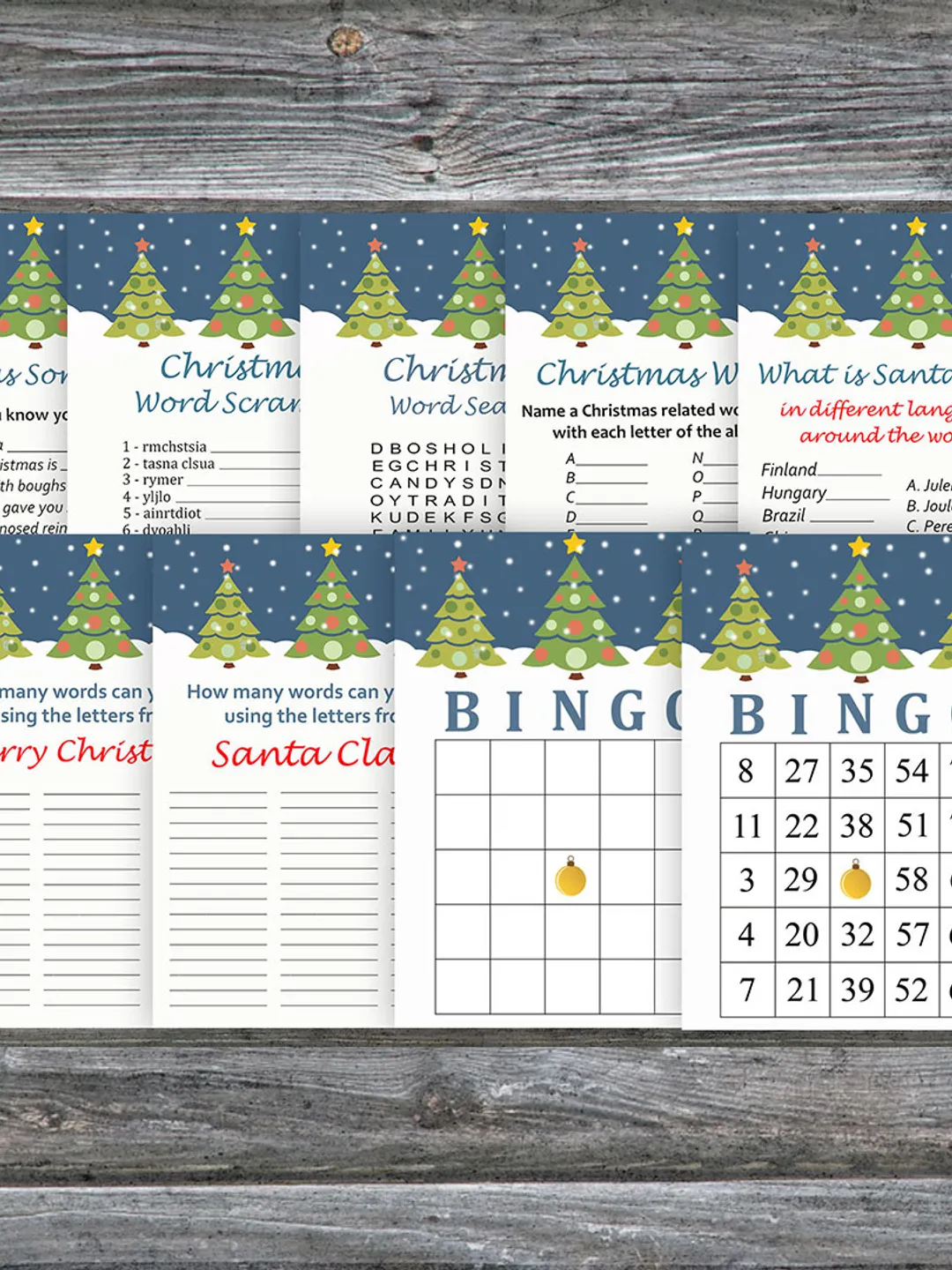 Christmas party games bundle,Printable Christmas Party Game Pack,Christmas tree Christmas Trivia Game Cards