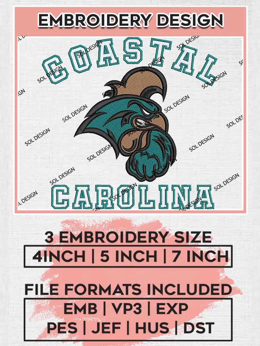Coastal Carolina Chanticleer Embroidery Design, Football Embroidery files, Sport Machine embroidery files, 3 sizes, Instant Download