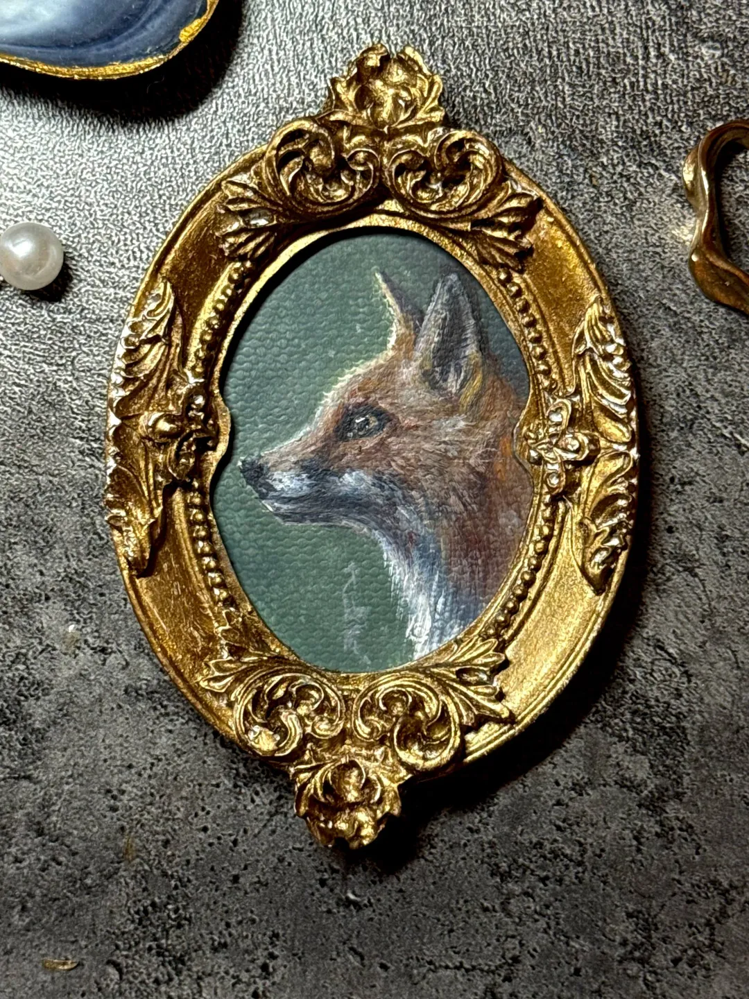 Framed Fox Oil Painting: Original Wild Animal Art Gold Oval Frame