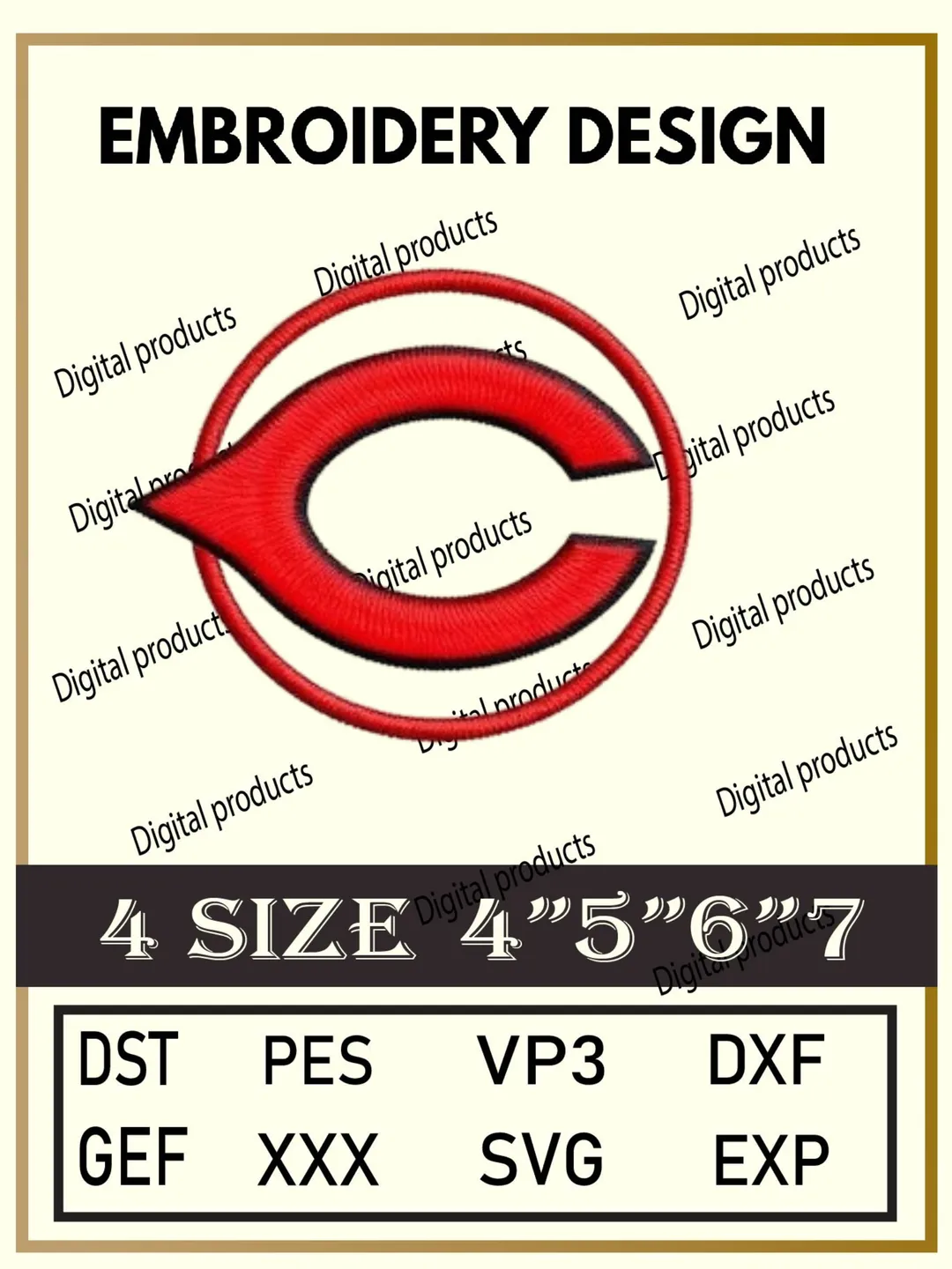 Cincinnati Reds Embroidery Design Digital Logo Pattern with Pointed Red Letter C for Machine Embroidery Projects in Four Sizes with Multiple Compatible Formats Including DST, PES, VP3, DXF, GEF, XXX, SVG, EXP Download