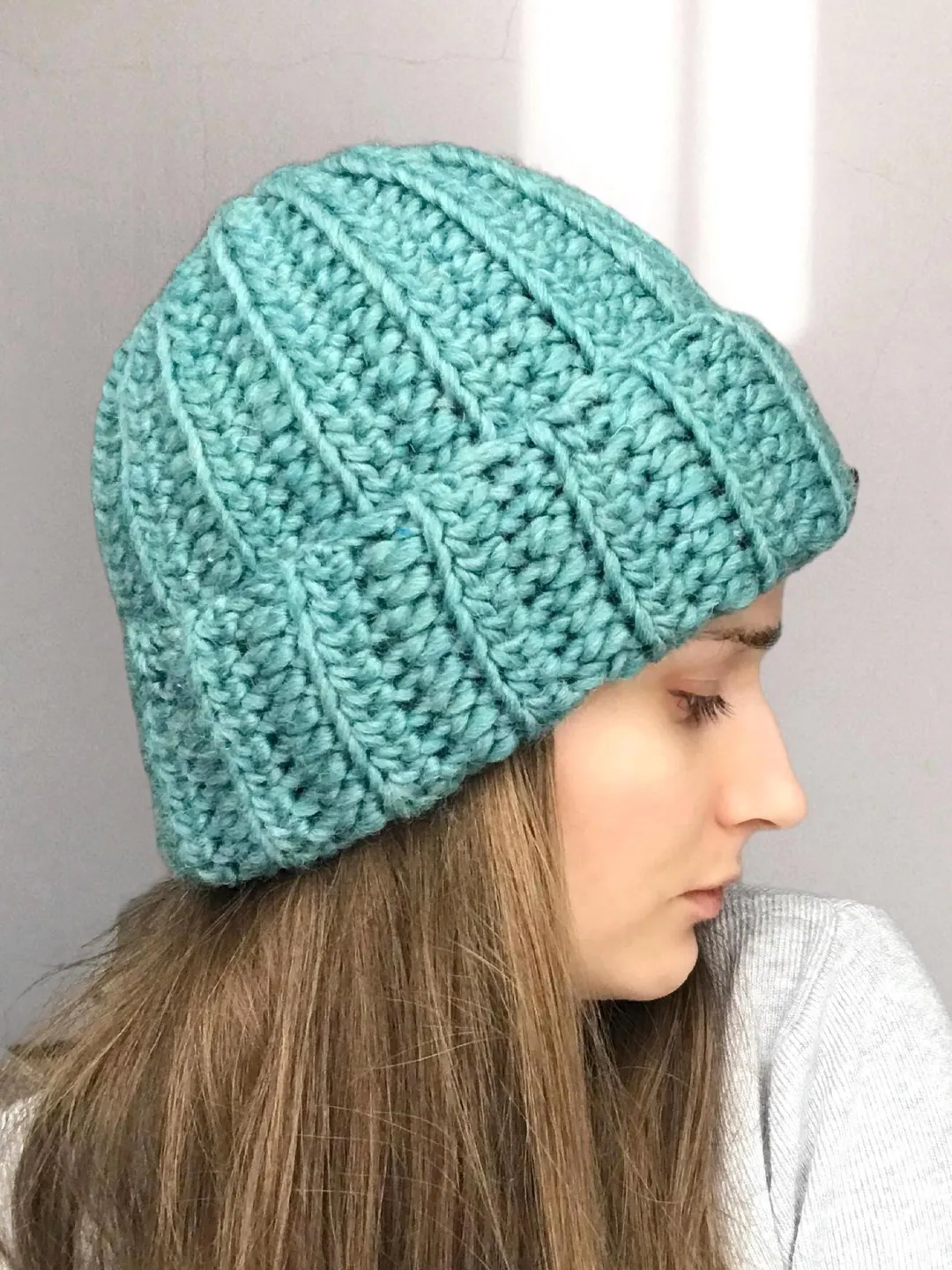 Warm Crochet Chunky Beanie - Soft 100% Wool Winter Hat - Thick Folded Brim - Plushy Cozy Stocking Cap - Unisex Trendy Green or Custom Color