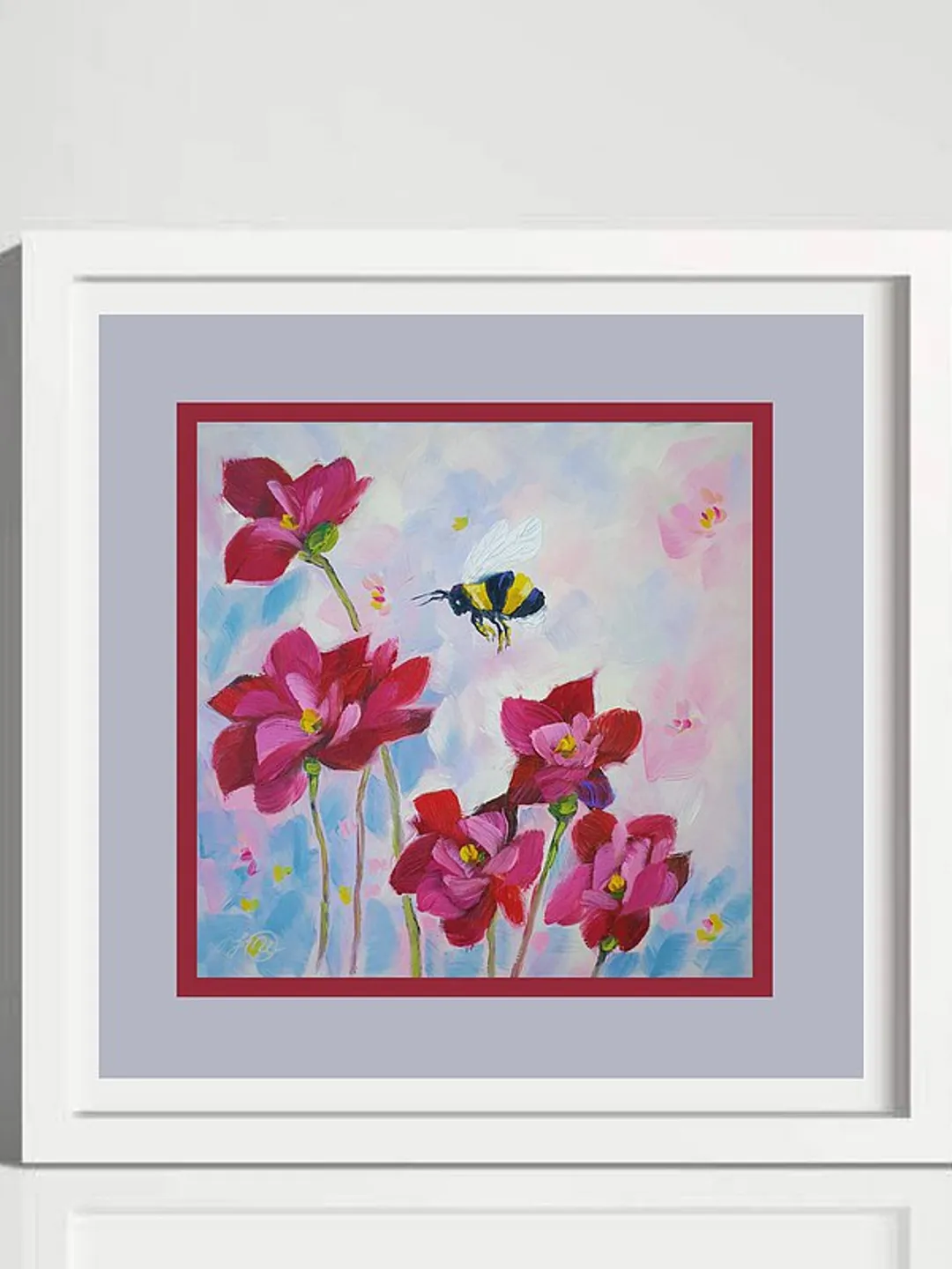 Bee Painting Pink Flowers Original Art Floral Wall Art Small Oil Painting