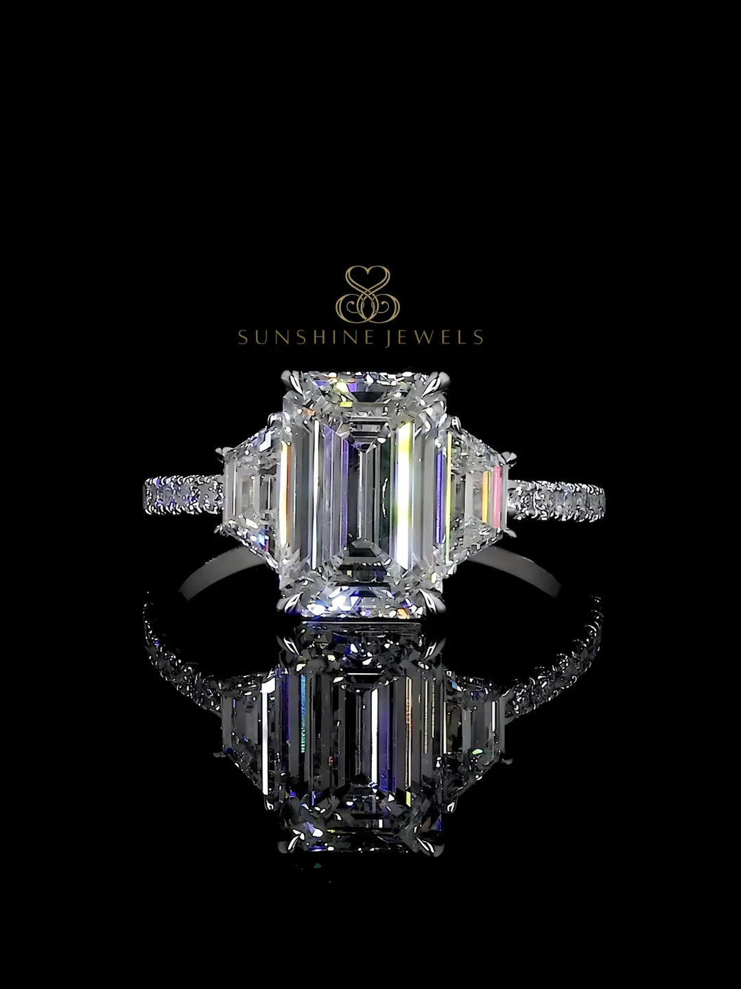 Emerald Cut Lab Grown Diamond Engagement Ring, 14K Gold Three Stone Ring