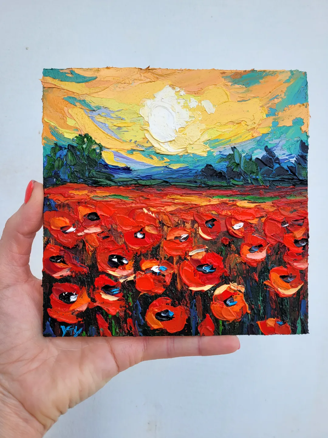 Red Poppy Painting Flower Original Art Impasto Oil Painting 6x6 Wildflower Wall Art Meadow Landscape Artwork Abstract Painting Handmade Gift by ArtFromVictoria