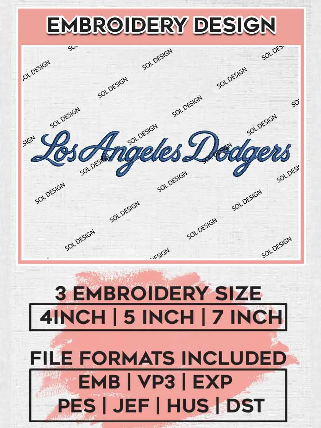 Los Angeles Dodgers Wordmark Logo Embroidery Files, MLB Los Angeles Dodgers Team Embroidery, MLB Teams, 3 sizes, MLB Dodgers Baseball Machine embroidery designs, Digital Download