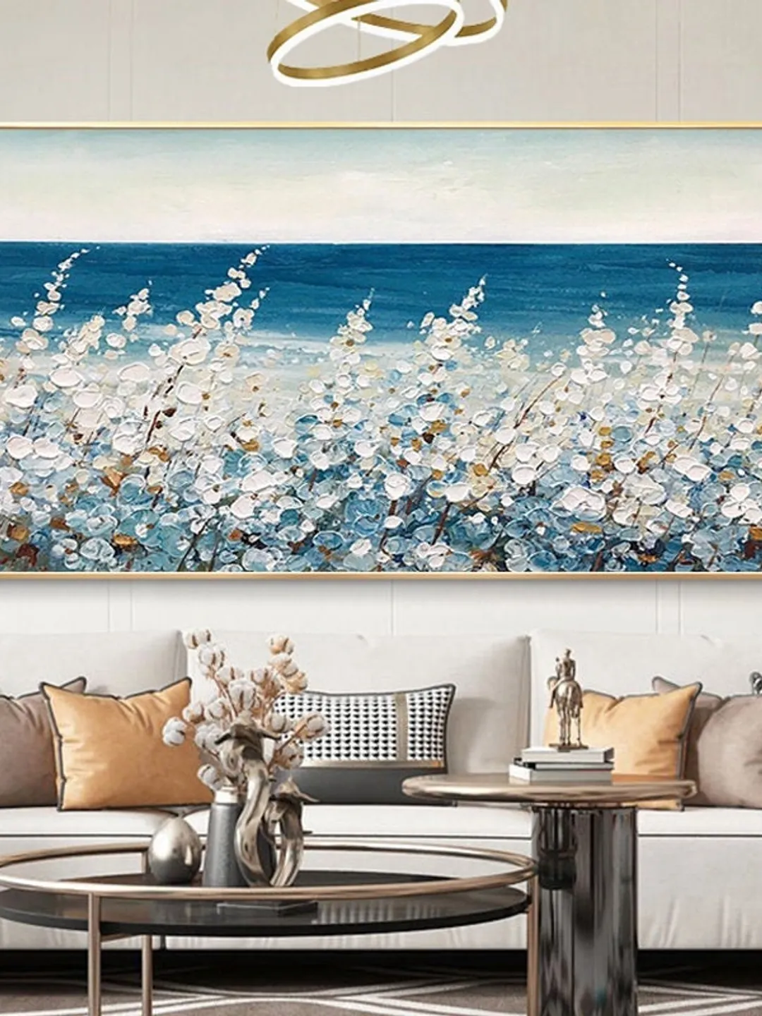 Original Flower Oil Painting On Canvas, Abstract Blud Sea Painting, Boho wall décor, Living Room Wall Art, Heavy Textured Impasto Painting