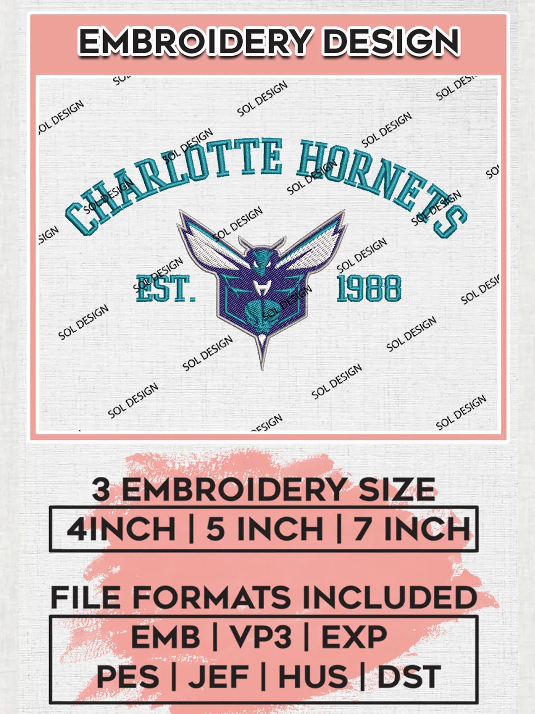 NBA Charlotte Hornets Basketball Team Est Logo Embroidery Design, NBA Charlotte Hornets Logo Embroidery Files, Basketball Team Machine Embroidery, Machine Embroidery Design