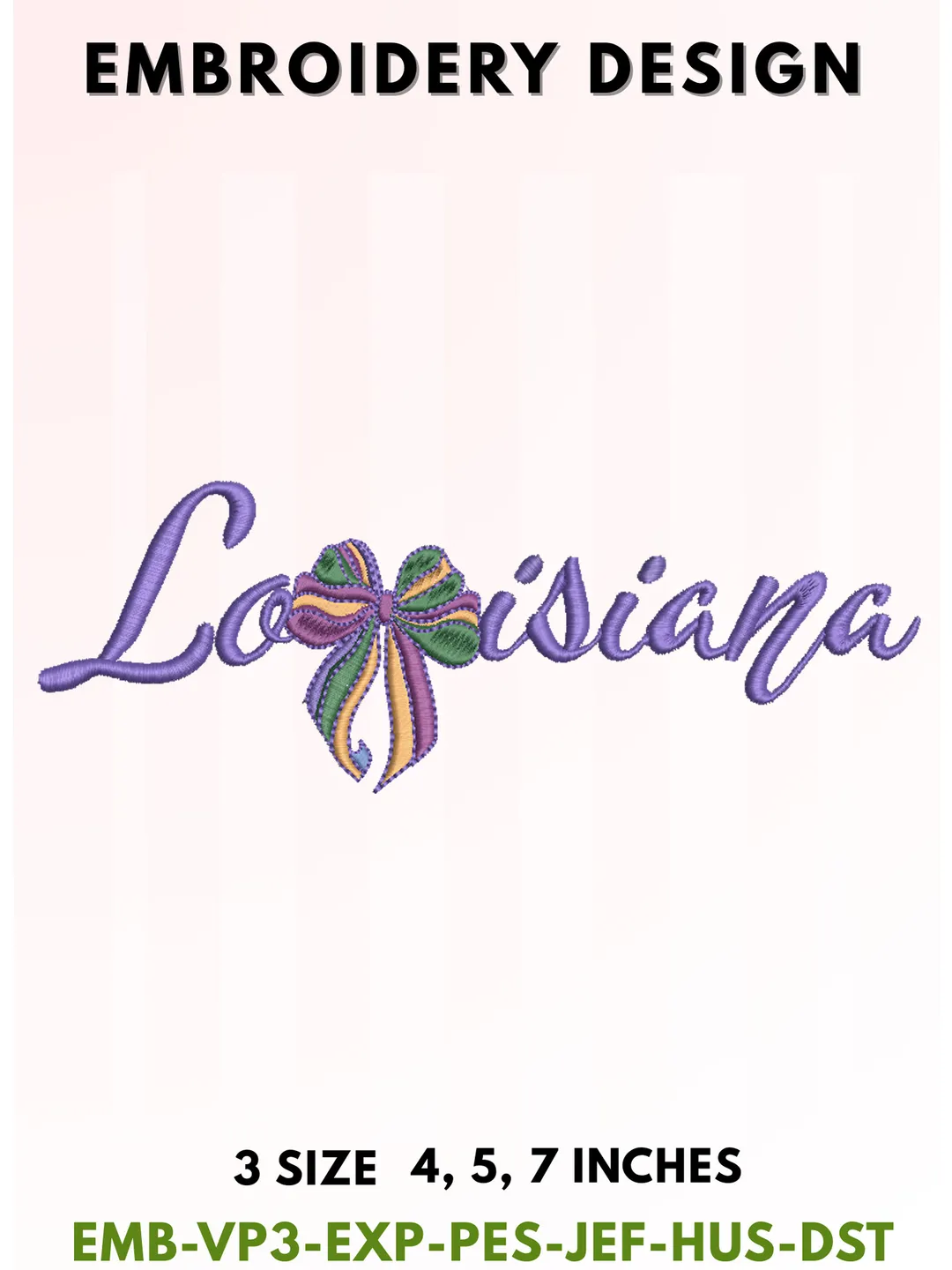 Louisiana Name Embroidery Design with Bow, Mardi Gras Color Script Embroidery File