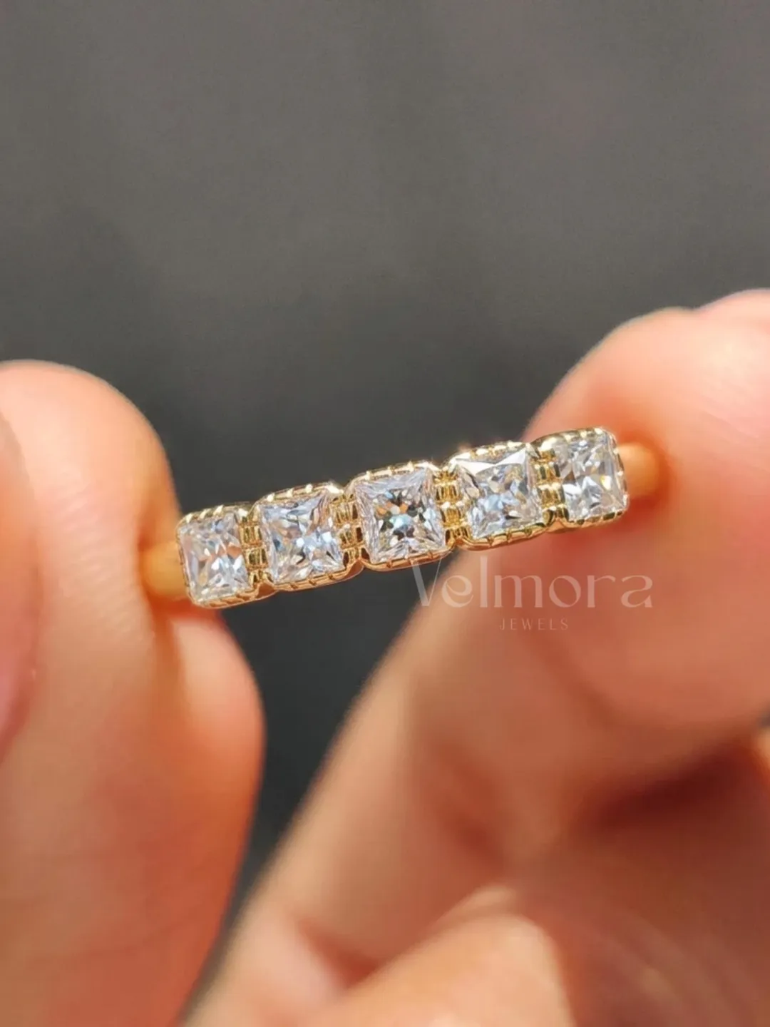 Princess Cut Moissanite Wedding Band, Gold Half Eternity Anniversary
