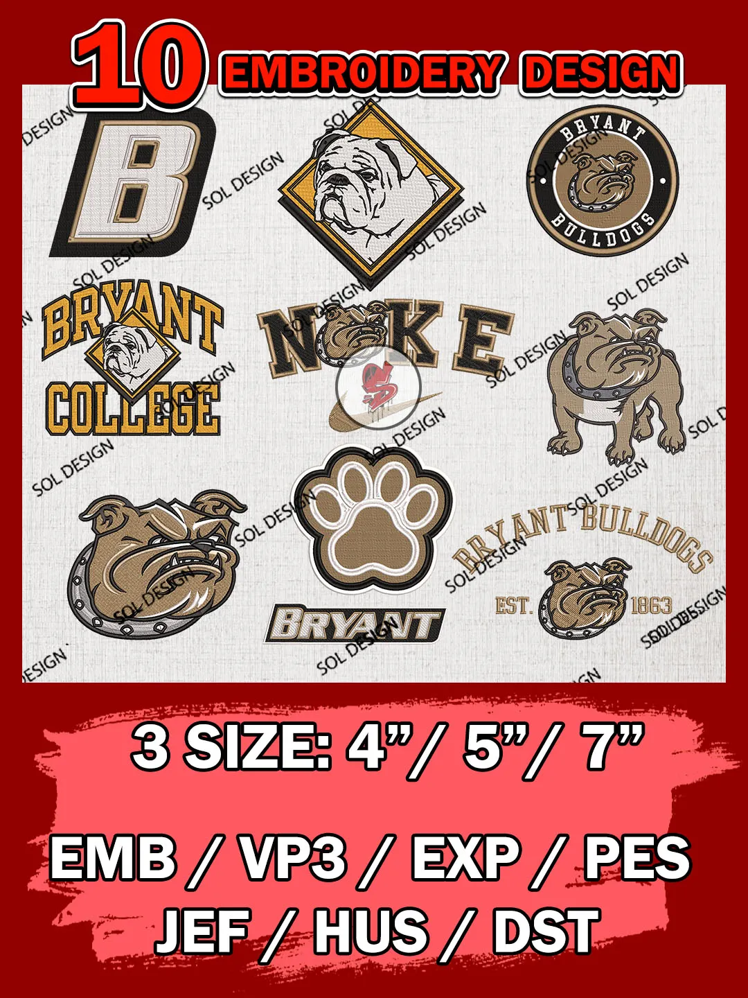 10 NCAA Bryant Bulldogs Bundle Embroidery Files, NCAA Bryant Bulldogs Team Bundle Embroidery Designs, NCAA Teams, National College Football Team 3 sizes, NCAA Bryant Machine Embroidery, Digital Download