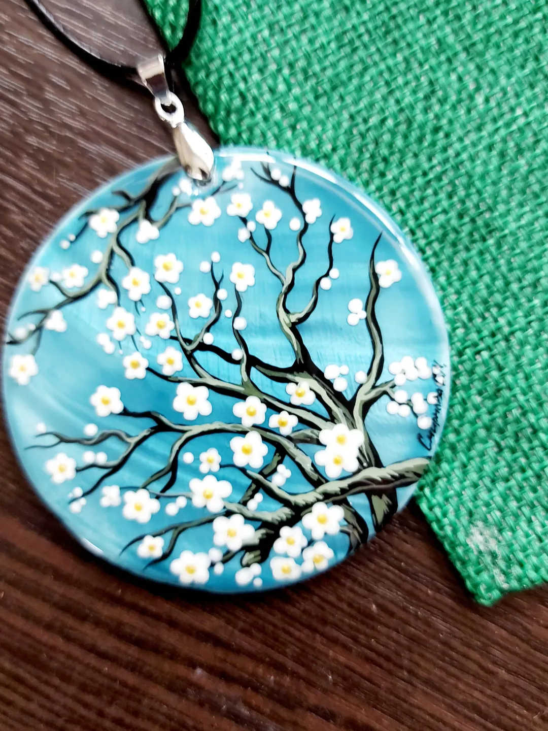 Pearl pendant necklace: Almond Blossoms by Vincent van Gogh on stylish mother of pearl necklace • Hand painted aesthetic pendant for women