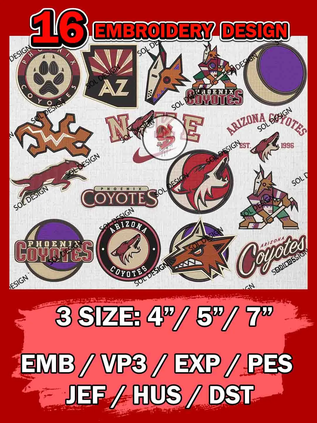 NHL Arizona Coyotes Bundle Embroidery Files, NHL Arizona Coyotes Team Bundle Embroidery Designs, NHL Teams, National Hockey League 3 sizes, NHL Coyotes Hockey Machine embroidery designs, Digital Download
