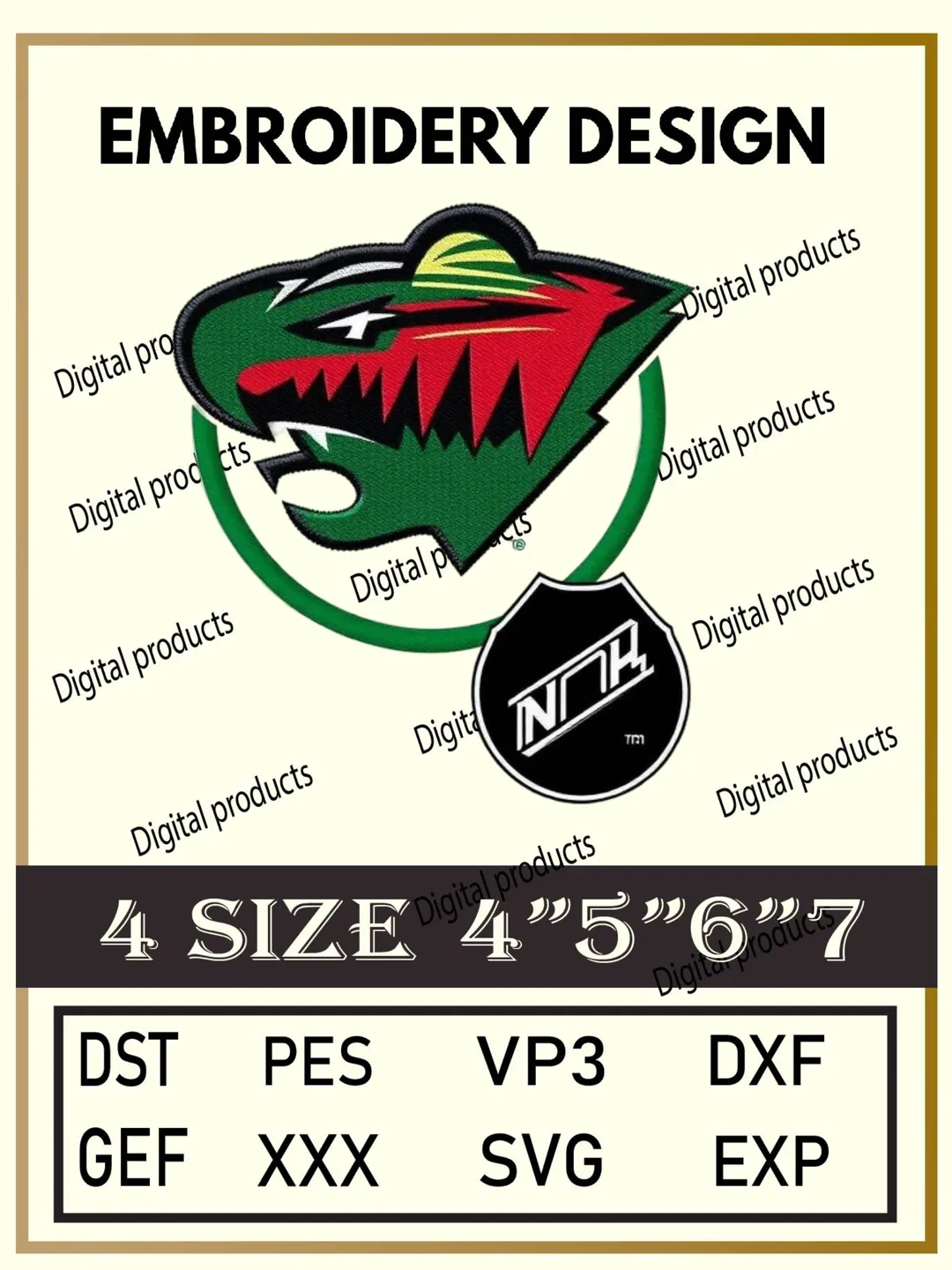 Minnesota Wild Embroidery Design Digital Logo Pattern with Forest and Sunset Motif for Machine Embroidery Projects in Four Sizes with Multiple Compatible Formats Including DST, PES, VP3, DXF, GEF, XXX, SVG, EXP