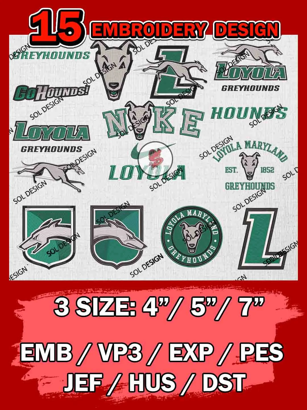 15 NCAA Loyola Maryland Greyhounds Bundle Embroidery Files, NCAA Loyola Maryland Greyhounds Team Bundle Embroidery Designs, NCAA Teams, National College Football Team 3 sizes, NCAA Loyola Maryland Machine Embroidery, Digital Download