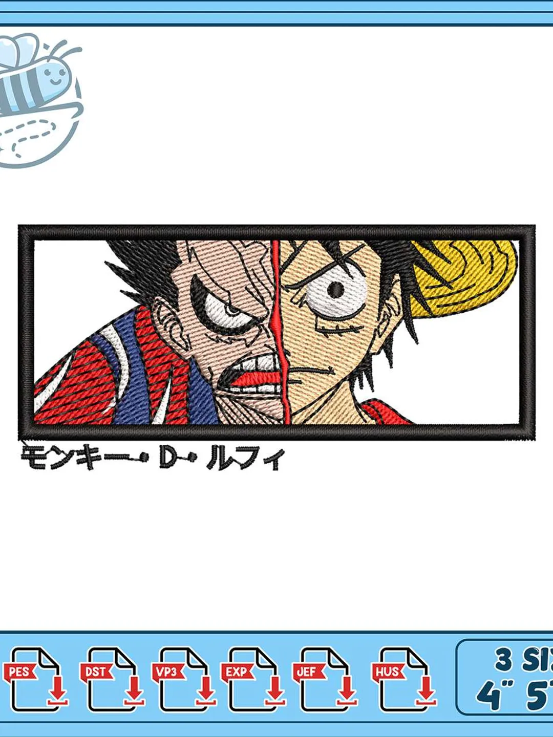 Monkey D Luffy Split Face Embroidery Design, One Piece Anime Machine Embroidery File, Straw Hat Luffy Patch Embroidery