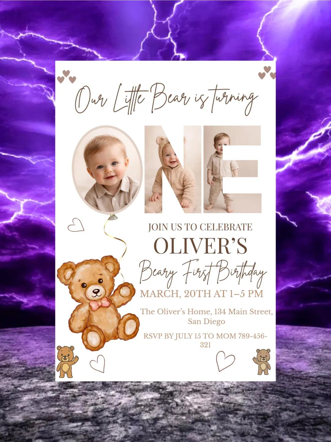 Beary First Birthday Invitation Teddy Bear Party Invite, Neutral Bear ...