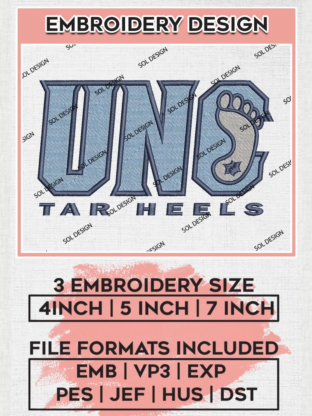 NCAA UNC Tar Heels Team Logo Embroidery Design Files, NCAA North Carolina Tar Heels Machine Embroidery, NCAA Teams, 3 sizes, NCAA Machine embroidery designs, Digital Download