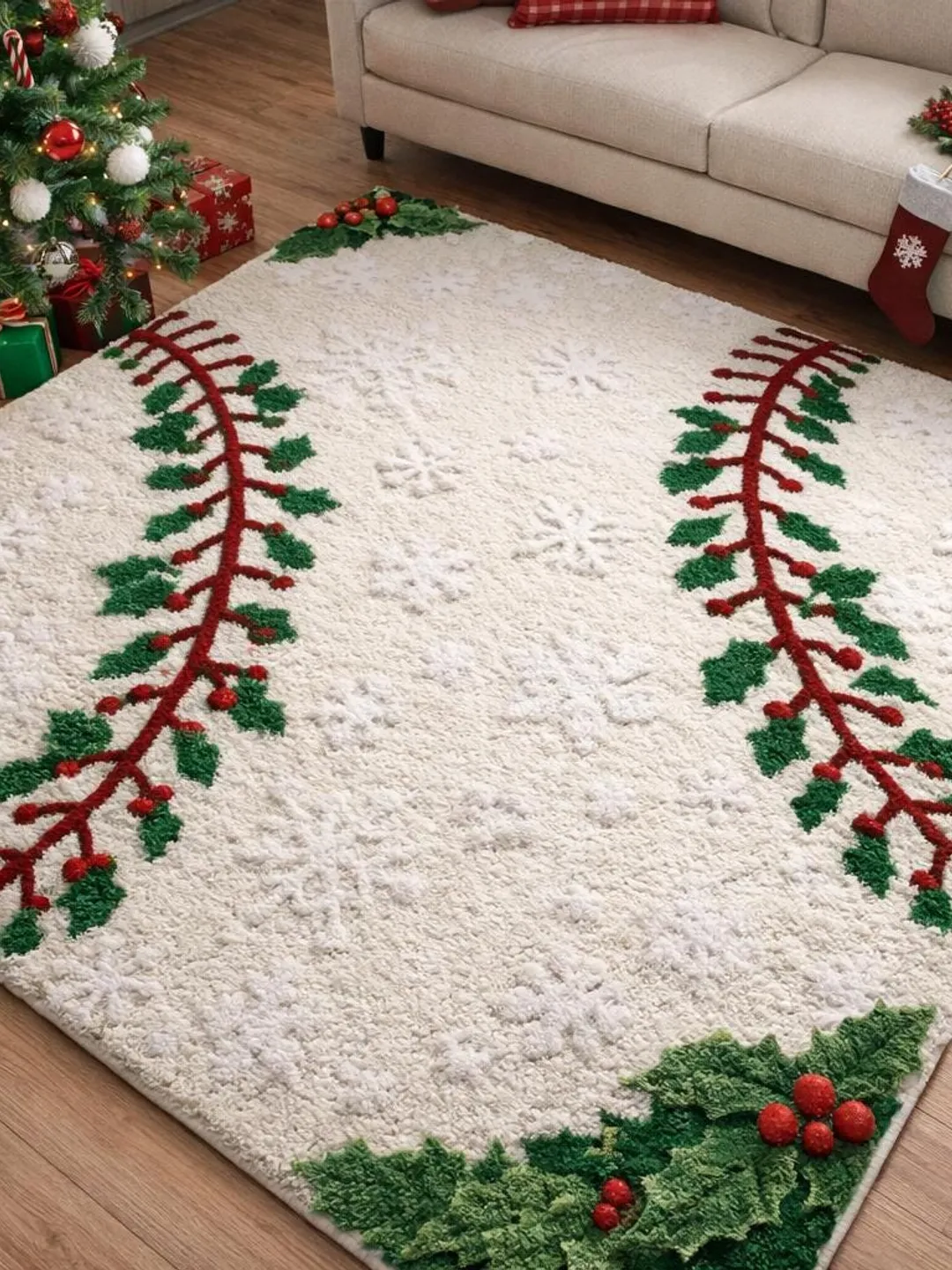 Hand Tufted Christmas Area Rug, White Holiday Rug with Holly Pattern ...