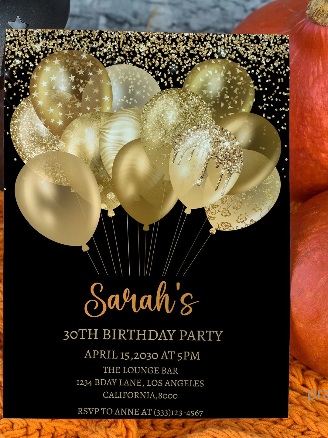 30th Birthday Invitation: Gold Glitter Balloons (Digital Download)