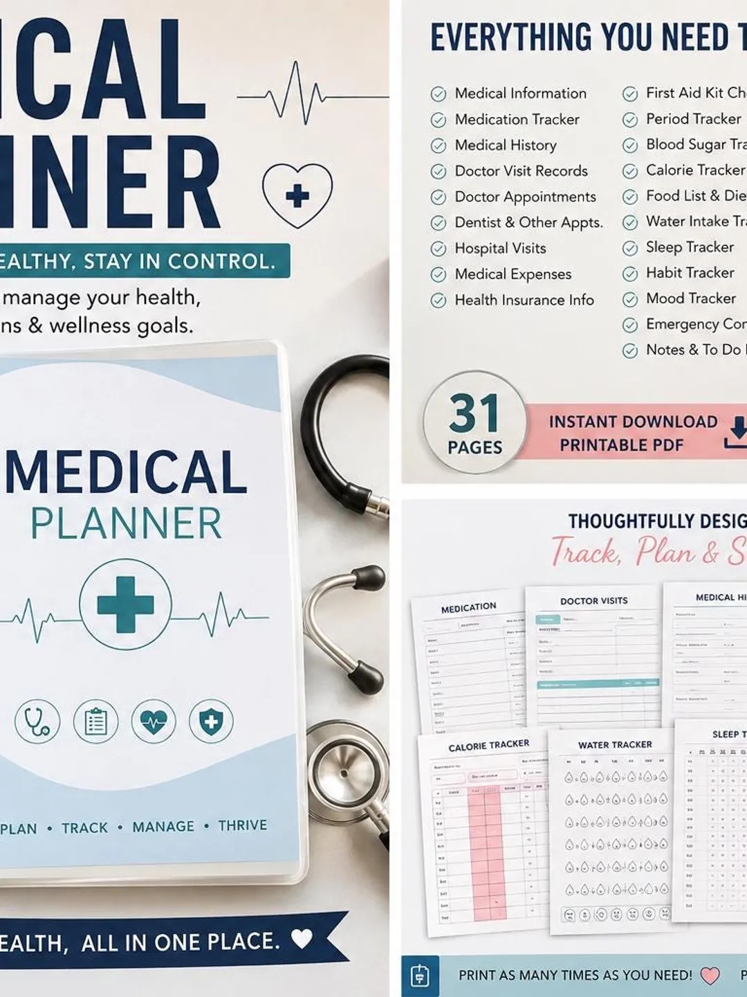 Medical Planner Printable PDF | Health Tracker Bundle | Doctor Appointment Log | Medication Tracker | Healthcare Organizer | Medical Binder