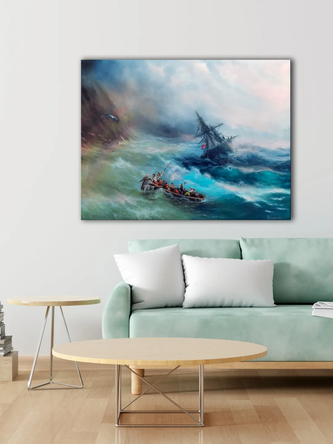 Seascape oil painting Shipwreck and boat art Turquoise wave Rainbow in the sea