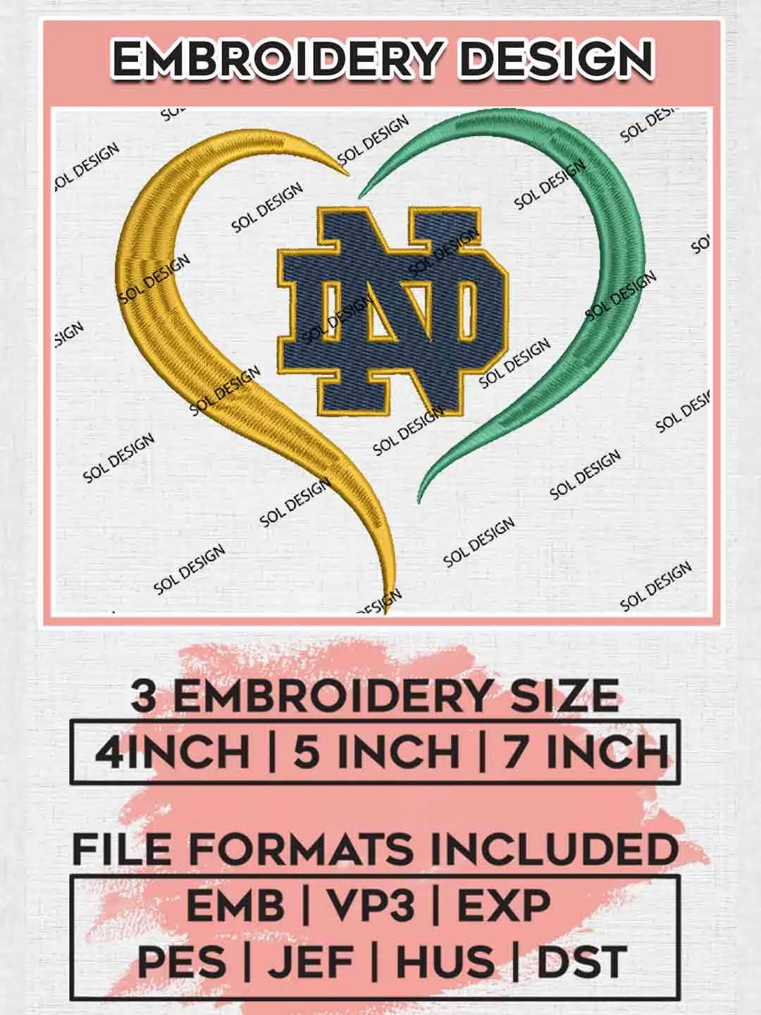 NCAA Notre Dame Fighting Irish Heart Logo Embroidery Designs, NCAA Logo Embroidery files, NCAA Team, College Football Team Machine embroidery designs, Digital Download